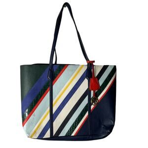 Tory Burch Perry Balloon Stripes Leather Triple Compartment Tote Bag